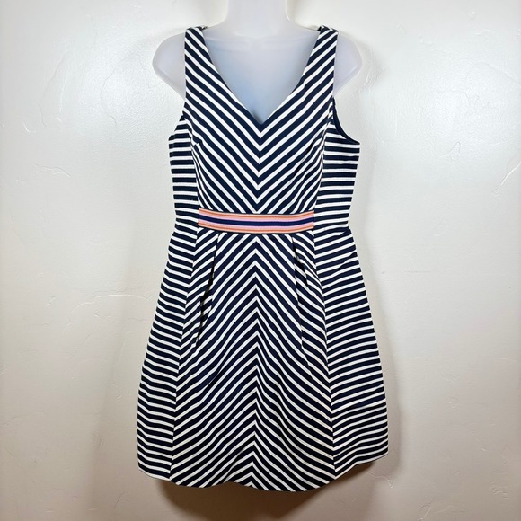 Maeve Anthropologie Striped Fit & Flare Dress V-Neck Sleeveless‎ Party Size 8 - Picture 1 of 11